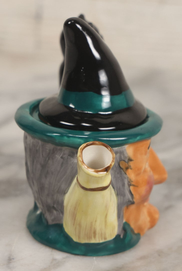 Lot 074 - Vintage Hand-Made And Hand-Painted "The Witch" Thorley Bone China Miniature Teapot With Witch Face, Black Cat Familiar, Witch Hat As Lid, Made In Stoke-On-Trent, England, Circa 1950, 3-3/4" H