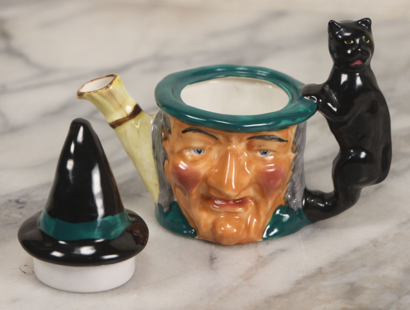 Lot 074 - Vintage Hand-Made And Hand-Painted "The Witch" Thorley Bone China Miniature Teapot With Witch Face, Black Cat Familiar, Witch Hat As Lid, Made In Stoke-On-Trent, England, Circa 1950, 3-3/4" H