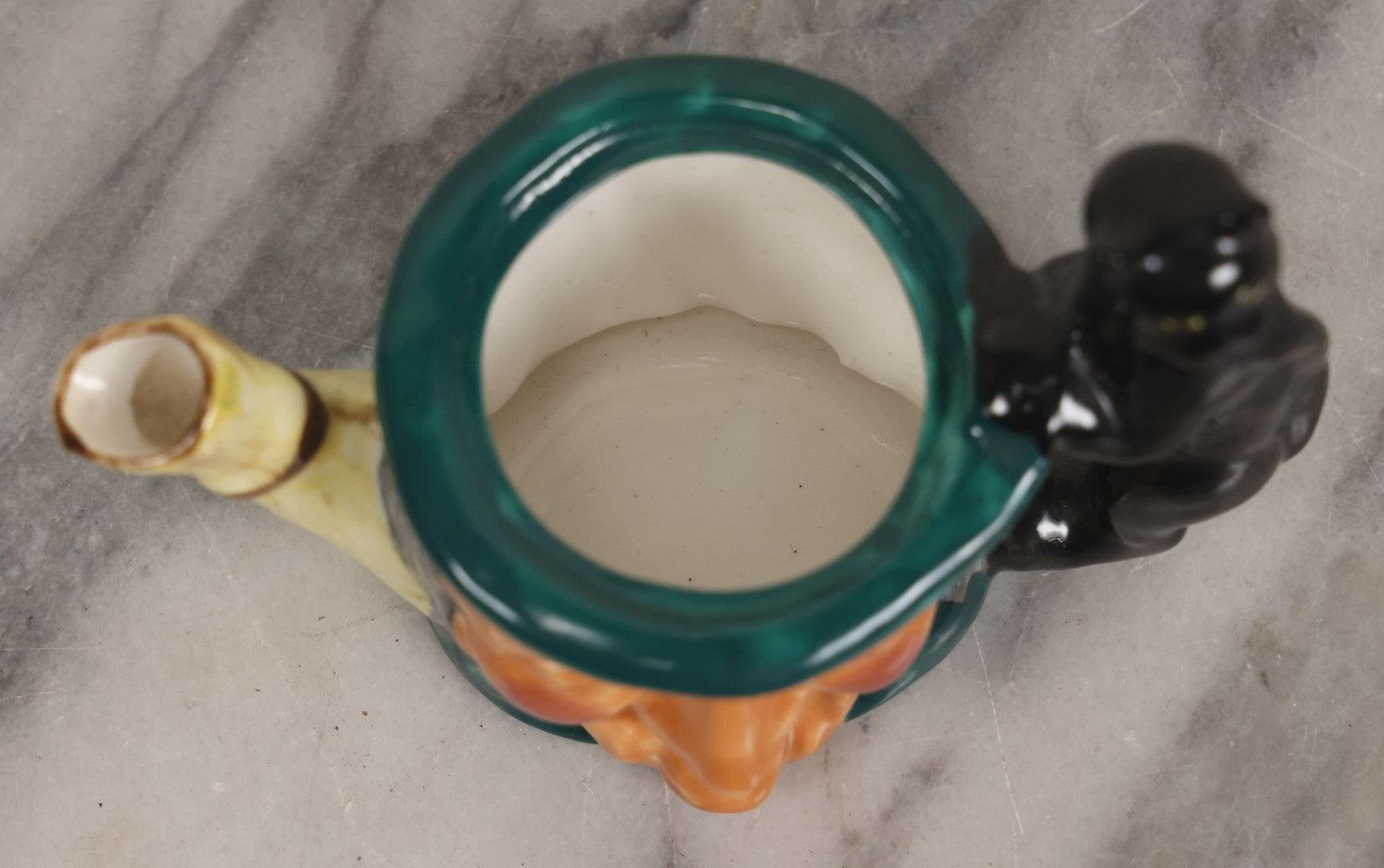 Lot 074 - Vintage Hand-Made And Hand-Painted "The Witch" Thorley Bone China Miniature Teapot With Witch Face, Black Cat Familiar, Witch Hat As Lid, Made In Stoke-On-Trent, England, Circa 1950, 3-3/4" H