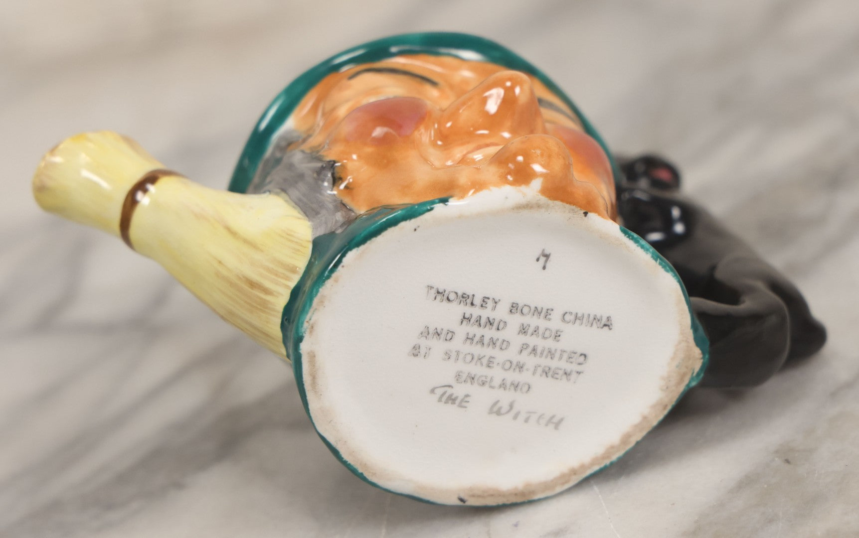 Lot 074 - Vintage Hand-Made And Hand-Painted "The Witch" Thorley Bone China Miniature Teapot With Witch Face, Black Cat Familiar, Witch Hat As Lid, Made In Stoke-On-Trent, England, Circa 1950, 3-3/4" H