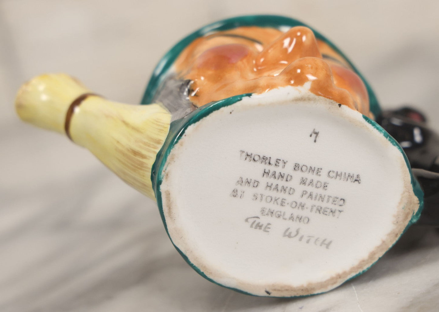 Lot 074 - Vintage Hand-Made And Hand-Painted "The Witch" Thorley Bone China Miniature Teapot With Witch Face, Black Cat Familiar, Witch Hat As Lid, Made In Stoke-On-Trent, England, Circa 1950, 3-3/4" H