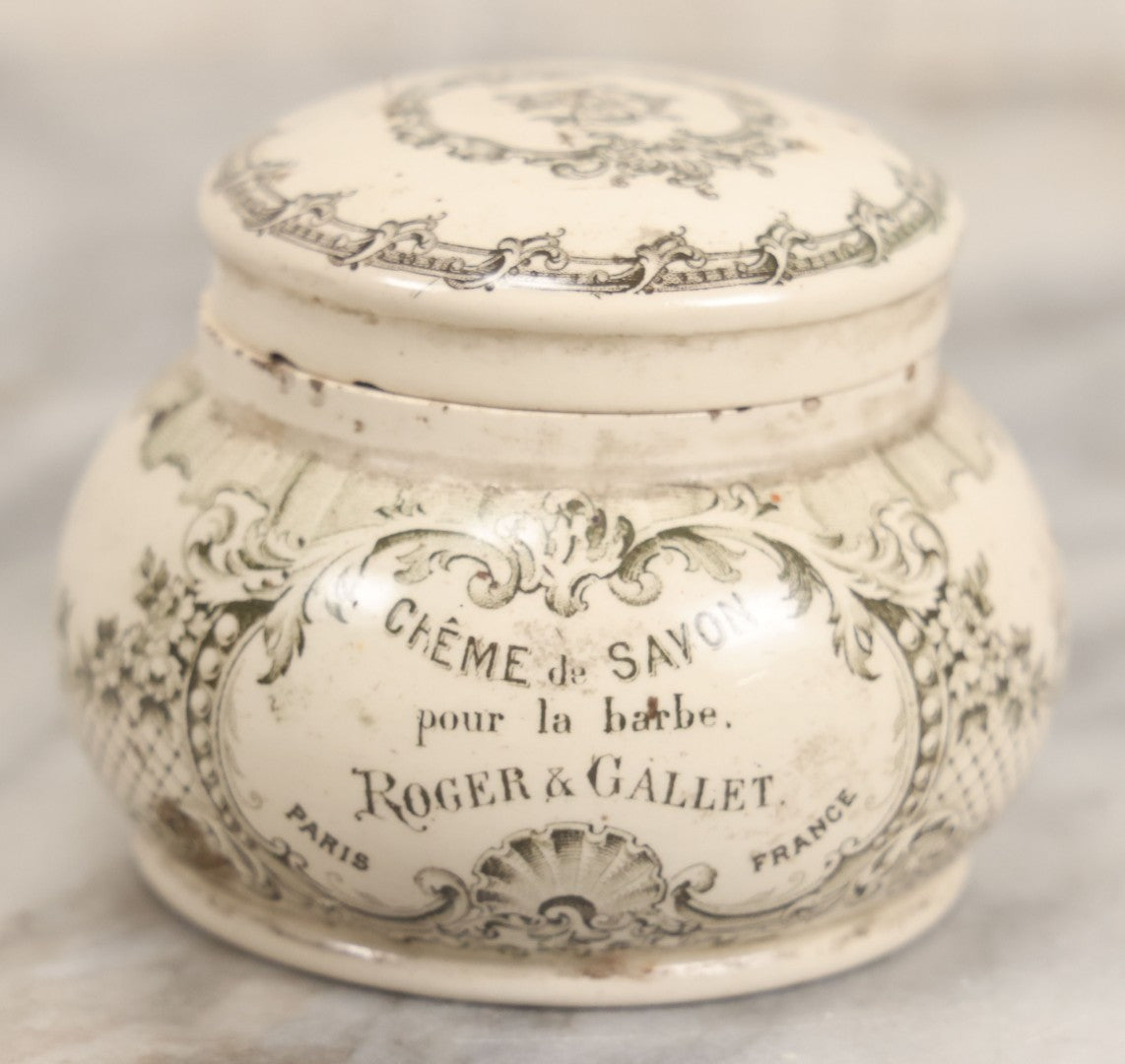 Lot 078 - Antique Roger & Gallet Paris France Ceramic Jar, "Crème De Savon Pour La Barbe" (Shaving Soap Cream), Black Transferware Decoration, 2-3/4" H