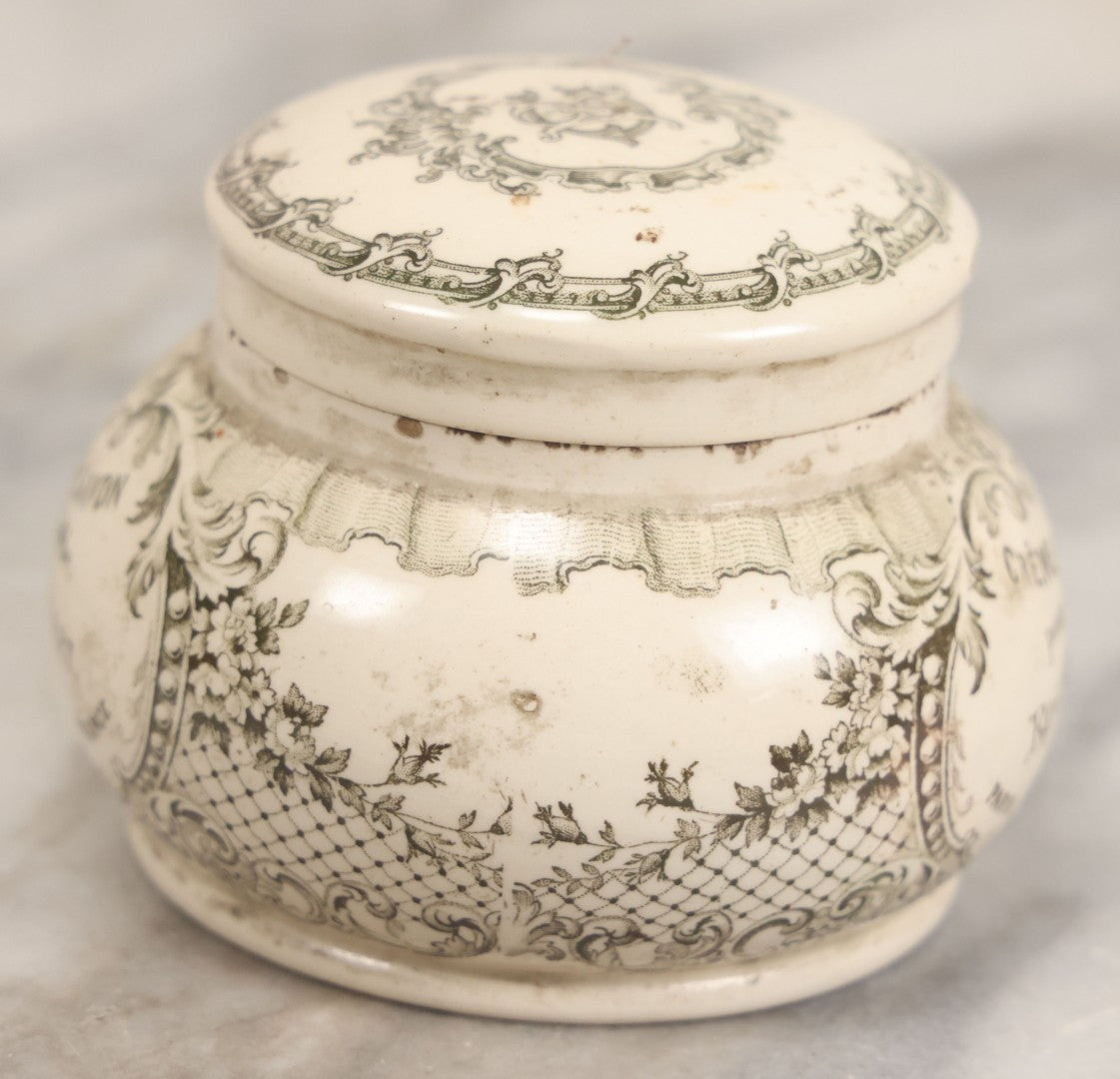 Lot 078 - Antique Roger & Gallet Paris France Ceramic Jar, "Crème De Savon Pour La Barbe" (Shaving Soap Cream), Black Transferware Decoration, 2-3/4" H