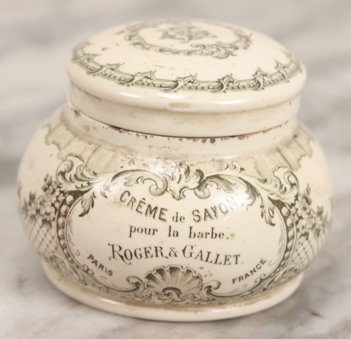 Lot 078 - Antique Roger & Gallet Paris France Ceramic Jar, "Crème De Savon Pour La Barbe" (Shaving Soap Cream), Black Transferware Decoration, 2-3/4" H