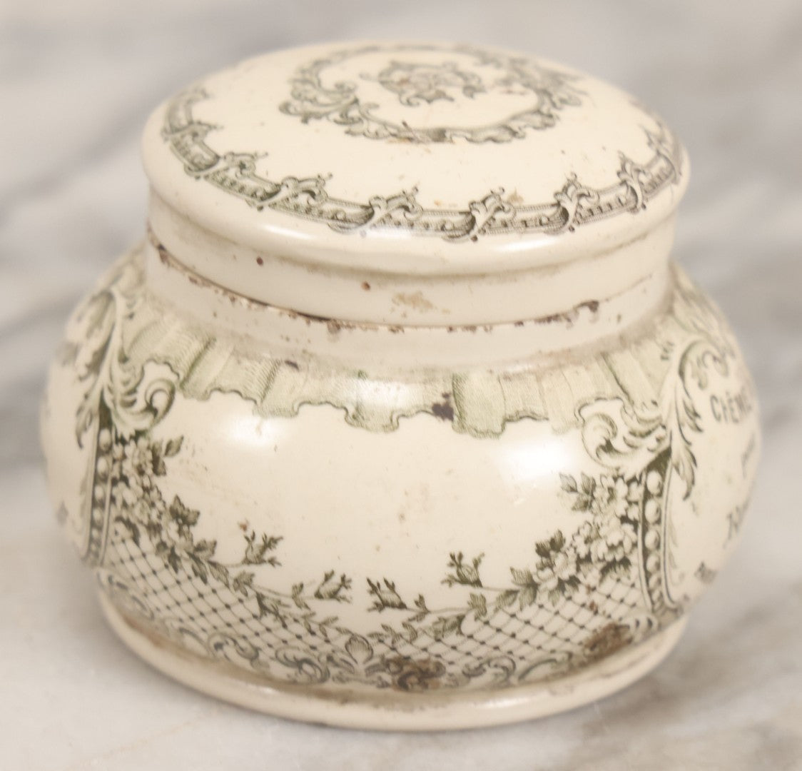 Lot 078 - Antique Roger & Gallet Paris France Ceramic Jar, "Crème De Savon Pour La Barbe" (Shaving Soap Cream), Black Transferware Decoration, 2-3/4" H
