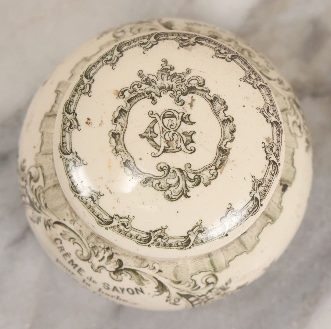 Lot 078 - Antique Roger & Gallet Paris France Ceramic Jar, "Crème De Savon Pour La Barbe" (Shaving Soap Cream), Black Transferware Decoration, 2-3/4" H