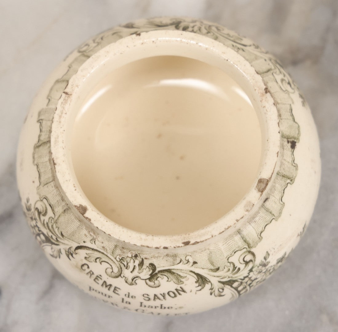 Lot 078 - Antique Roger & Gallet Paris France Ceramic Jar, "Crème De Savon Pour La Barbe" (Shaving Soap Cream), Black Transferware Decoration, 2-3/4" H
