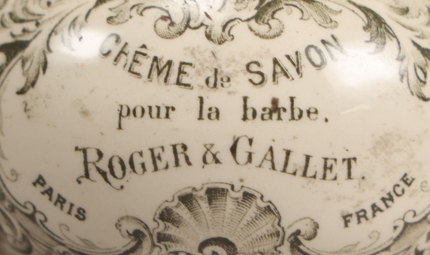 Lot 078 - Antique Roger & Gallet Paris France Ceramic Jar, "Crème De Savon Pour La Barbe" (Shaving Soap Cream), Black Transferware Decoration, 2-3/4" H