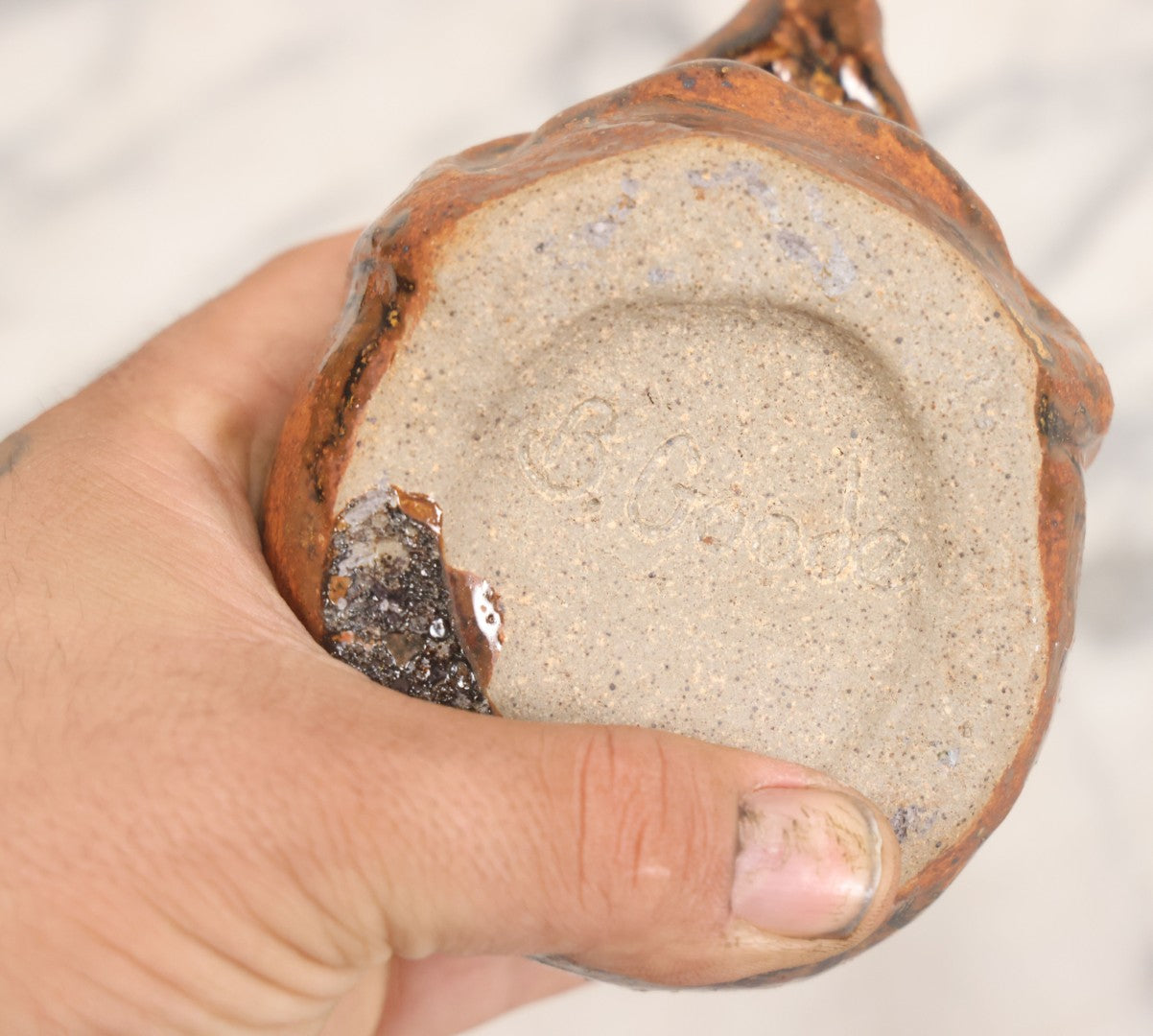 Lot 080 - Vintage Comic Face Jug Pottery Bottle Marked "B. Goode," Sculptural Figural Head Design, 4-3/4" H