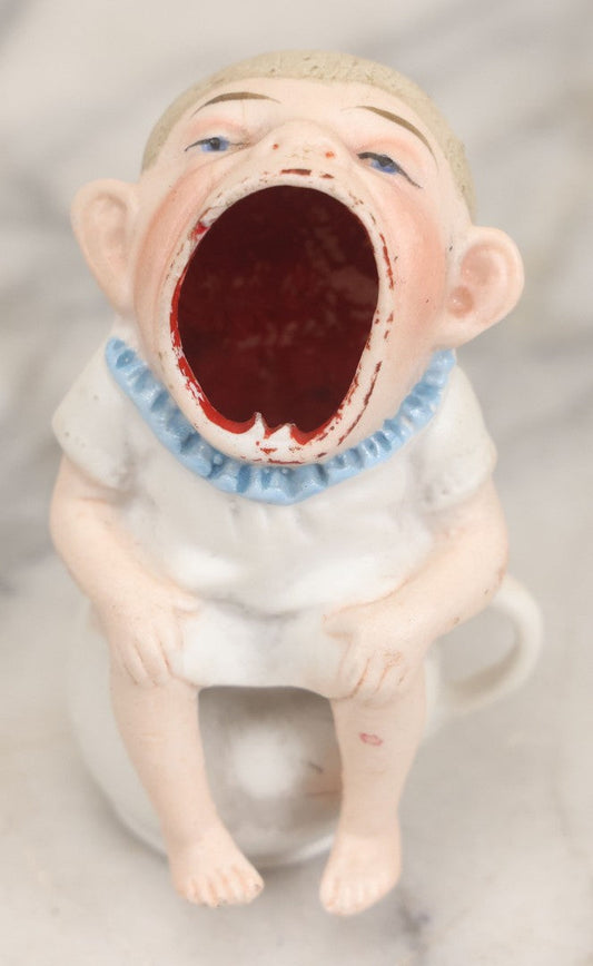 Lot 081 - Vintage Miniature Bisque Comic Match Holder Of Child In Pajamas On Pot With Gaping Mouth, 2-7/8" H