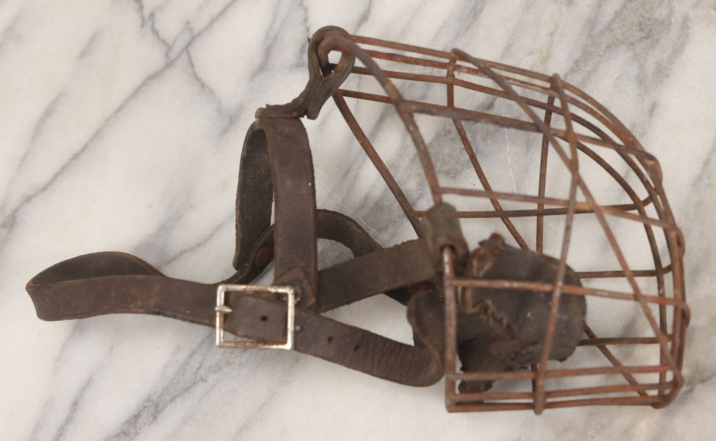 Lot 084 - Pair Of Antique Metal Cage Dog Muzzles With Leather Straps