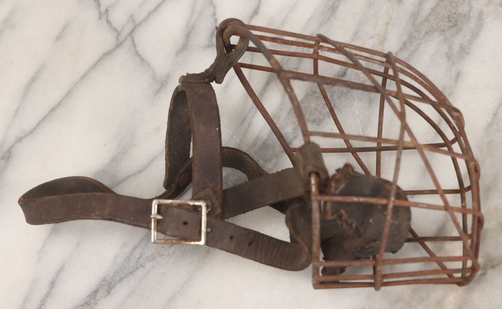 Lot 084 - Pair Of Antique Metal Cage Dog Muzzles With Leather Straps