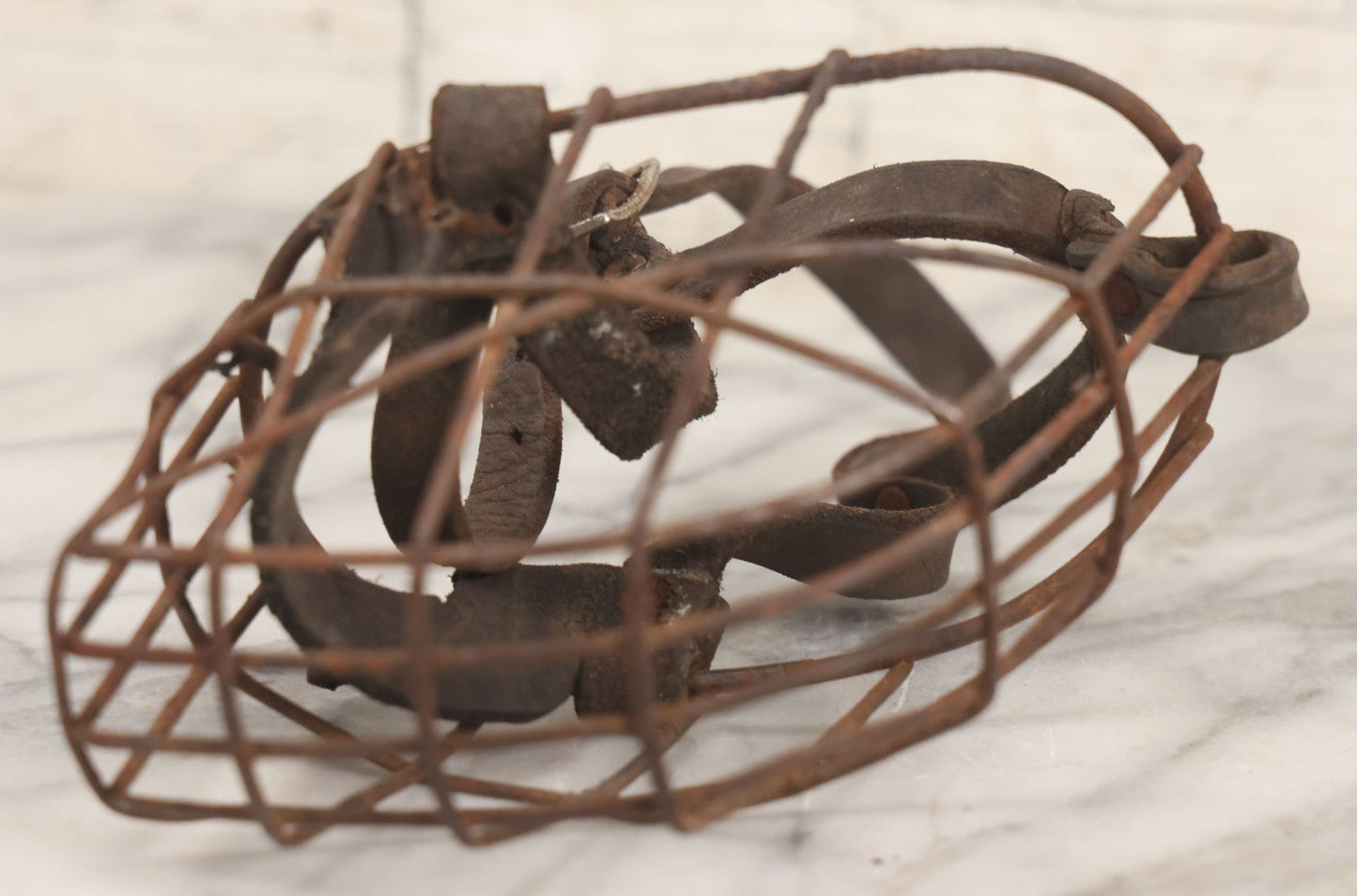 Lot 084 - Pair Of Antique Metal Cage Dog Muzzles With Leather Straps