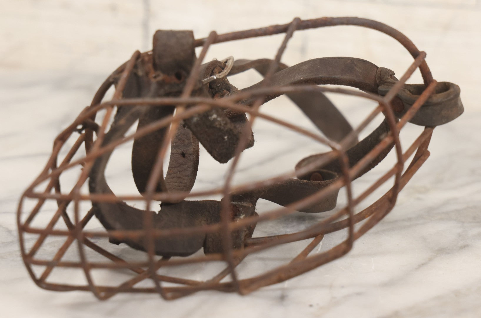 Lot 084 - Pair Of Antique Metal Cage Dog Muzzles With Leather Straps