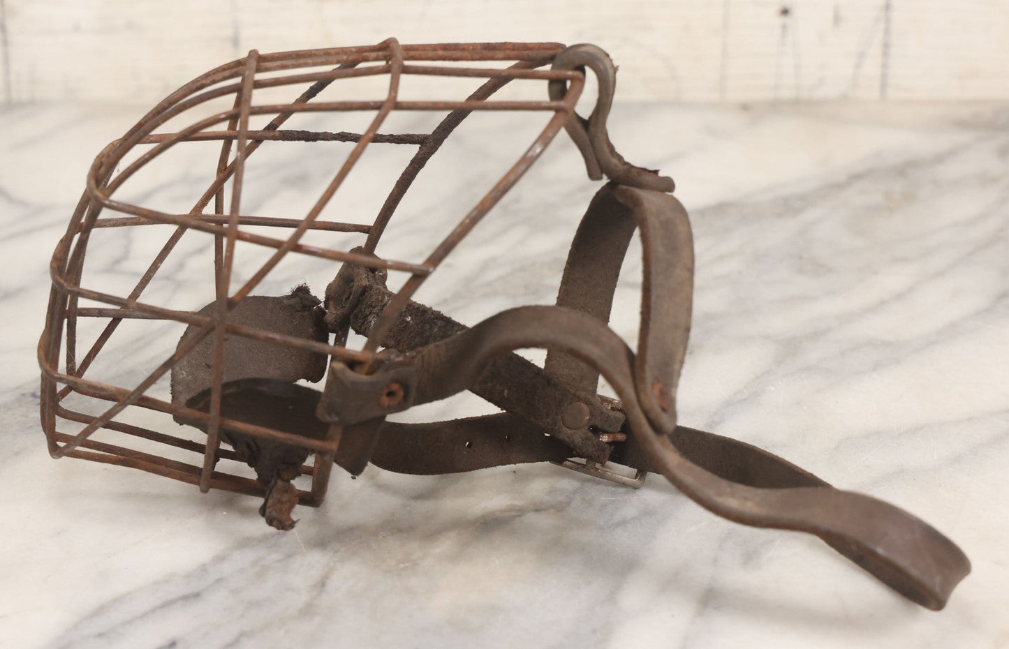 Lot 084 - Pair Of Antique Metal Cage Dog Muzzles With Leather Straps