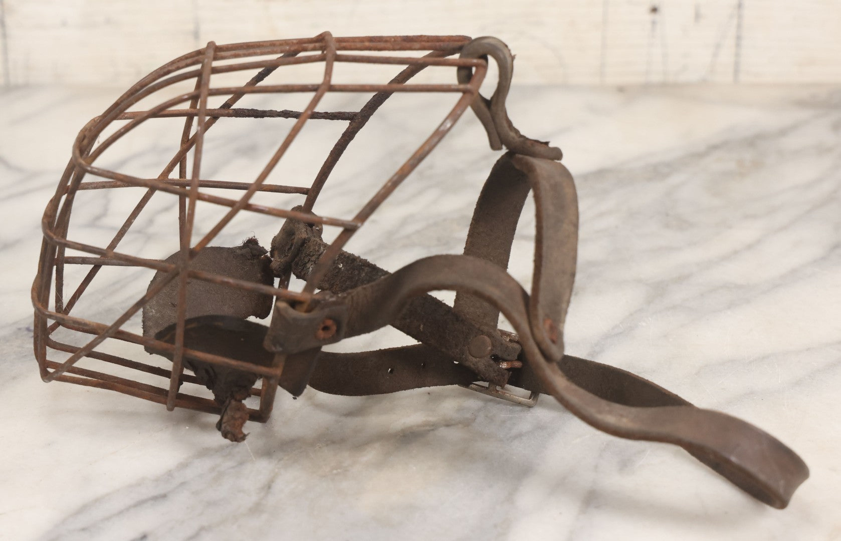 Lot 084 - Pair Of Antique Metal Cage Dog Muzzles With Leather Straps