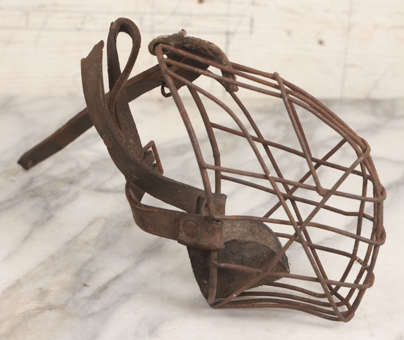 Lot 084 - Pair Of Antique Metal Cage Dog Muzzles With Leather Straps