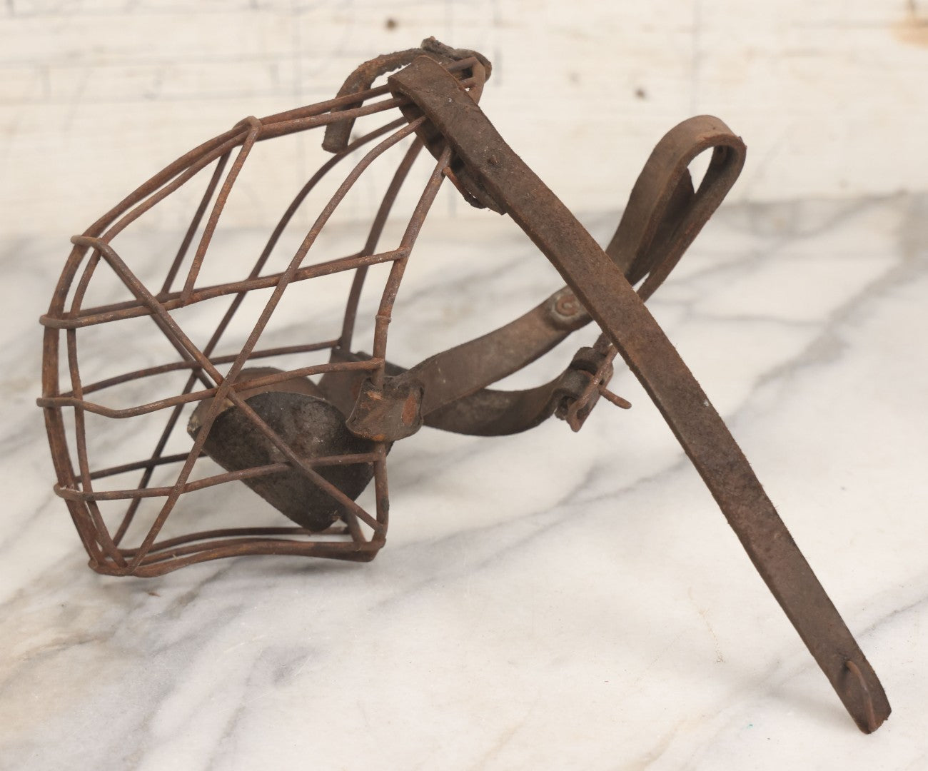 Lot 084 - Pair Of Antique Metal Cage Dog Muzzles With Leather Straps