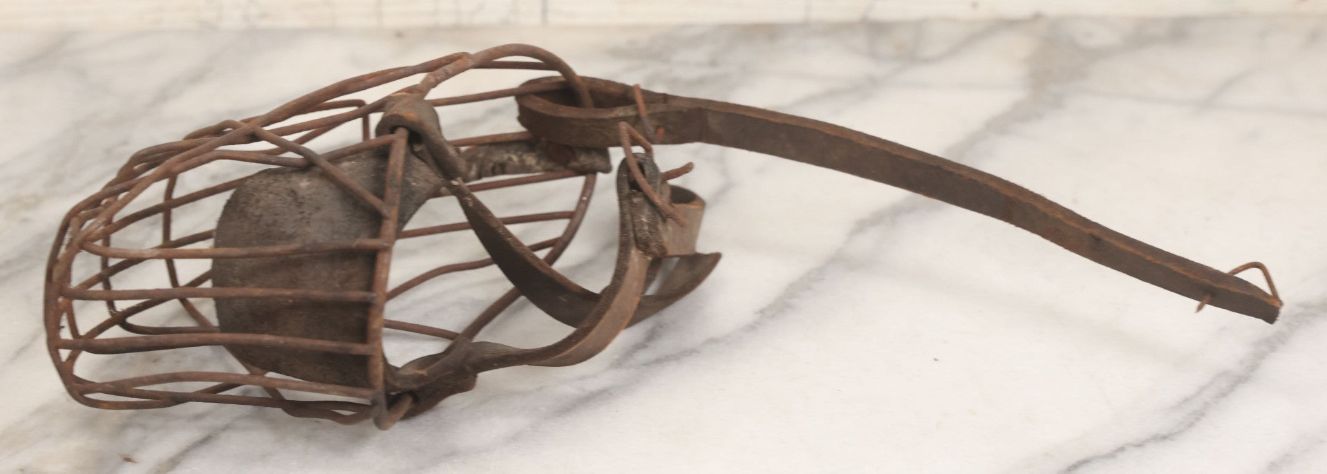 Lot 084 - Pair Of Antique Metal Cage Dog Muzzles With Leather Straps