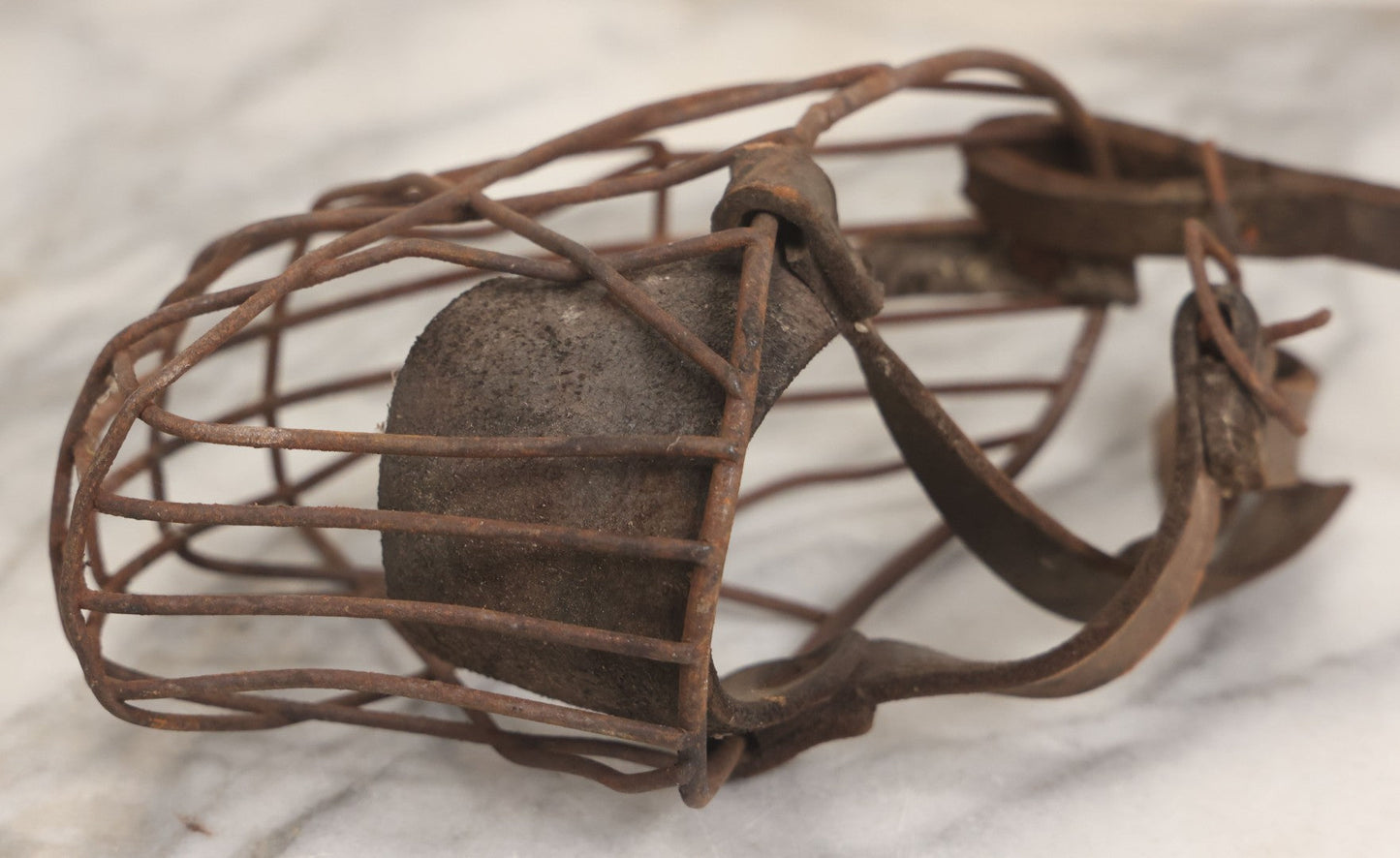Lot 084 - Pair Of Antique Metal Cage Dog Muzzles With Leather Straps
