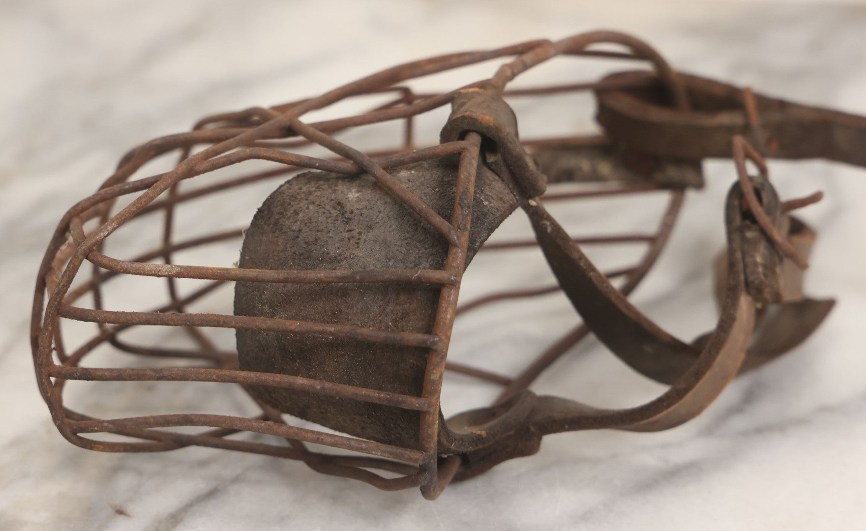 Lot 084 - Pair Of Antique Metal Cage Dog Muzzles With Leather Straps