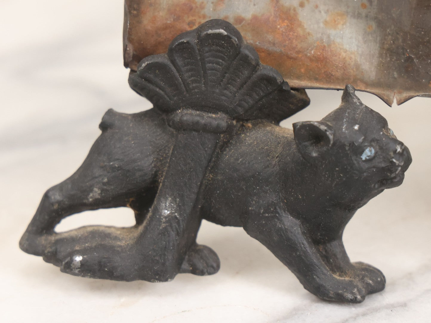 Lot 085 - Antique Cast Iron Cat Frame With Three Cats And Red Bow Detail, Note Damage