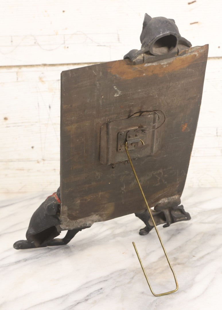 Lot 085 - Antique Cast Iron Cat Frame With Three Cats And Red Bow Detail, Note Damage