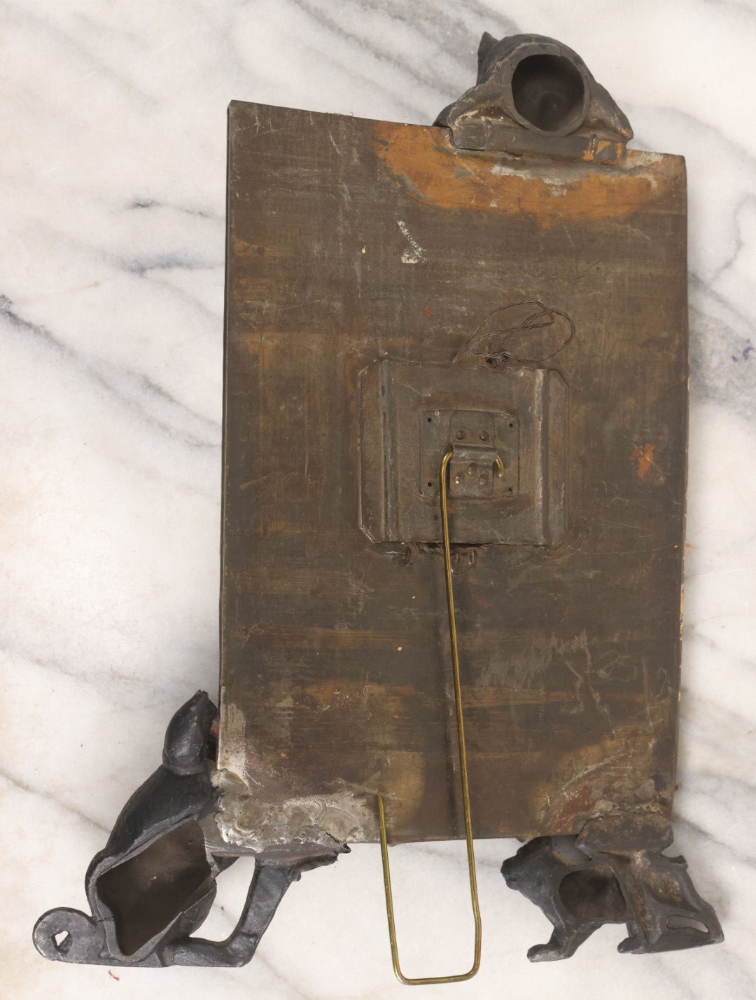 Lot 085 - Antique Cast Iron Cat Frame With Three Cats And Red Bow Detail, Note Damage