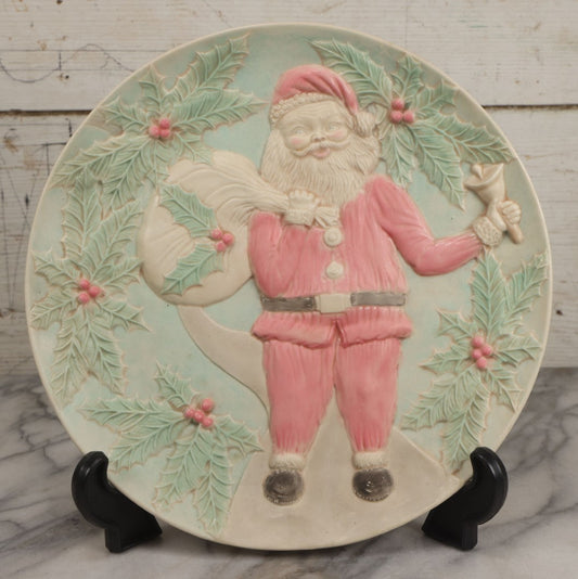 Lot 088 - Vintage Hand-Painted Ceramic Holiday Christmas Plate With Santa Holding Sack Of Toys And Ringing Bell, Holly Surround, Signed "Barb" On Verso, 12" Diameter