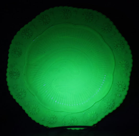 Lot 090 - Antique British Pale Green Pressed Marbled Uranium Glass Octagon Plate With Raised Flower Border And Scalloped Center, Glows Under Blacklight, 8-5/8" Diameter