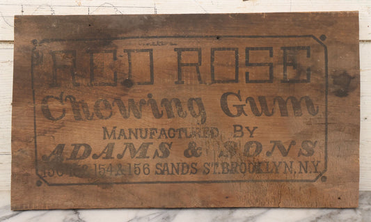 Lot 093 - Antique Adams & Sons Red Rose Chewing Gum Wooden Crate Front Fragment, Brooklyn, N.Y., 18-1/4" x 10-1/4"