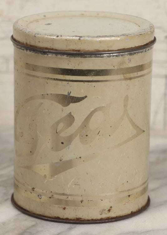 Lot 096 - Vintage Cream And Gold Stenciled Metal Tea Canister, 5-1/2" H