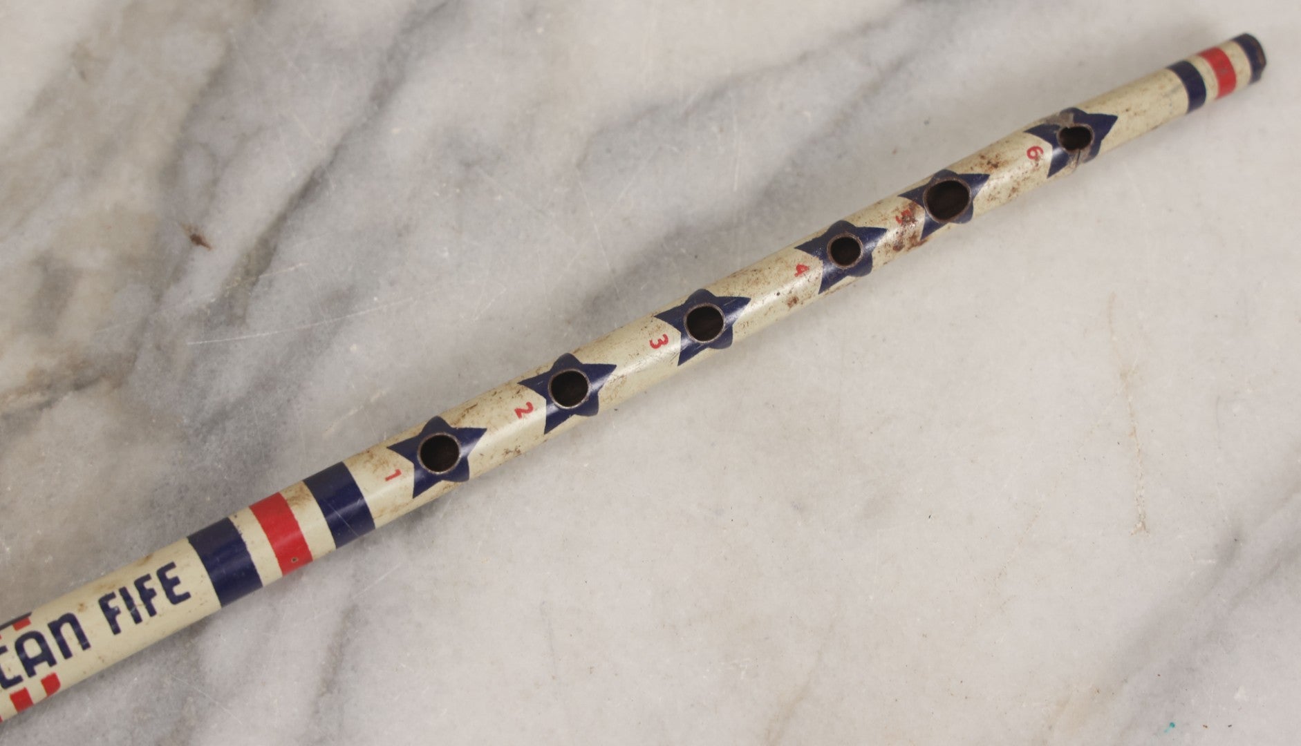 Lot 099 - Vintage “All American Fife” Patriotic Tin Lithograph Toy Flute, Note Broken End, 12-1/2" L