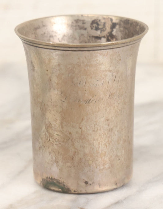 Lot 103 - Antique Silverplate Drinking Cup Engraved “Gold And Silver Don't Mature Me, But A Sip Doesn't Fool Me” In English / German