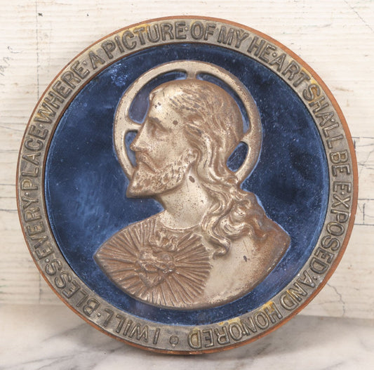 Lot 109 - Vintage Religious Wall Plaque Of Jesus With Sacred Heart, Cobalt Blue Glass Mirror, And Blessing Inscription, 7" Diameter