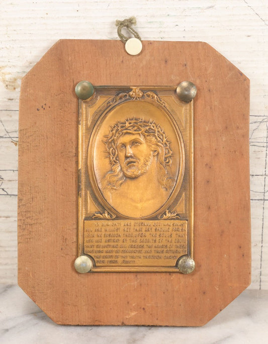 Lot 110 - Vintage Wood Religious Wall Plaque With Metal Plate Of Jesus With Crown Of Thorns And Prayer Inscription, 5" x 6"