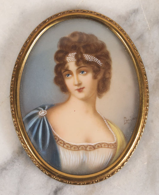 Lot 111 - Vintage Italian Celluloid Portrait Miniature Of Lady In Blue And Yellow With Pearl Headband, Signed, 2-3/4" x 3-1/2"