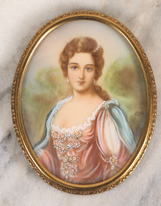 Lot 112 - Vintage Italian Celluloid Portrait Miniature Of Lady In Red And Blue Gown With Pearl Accents, Signed, 2-3/4" x 3-1/2"