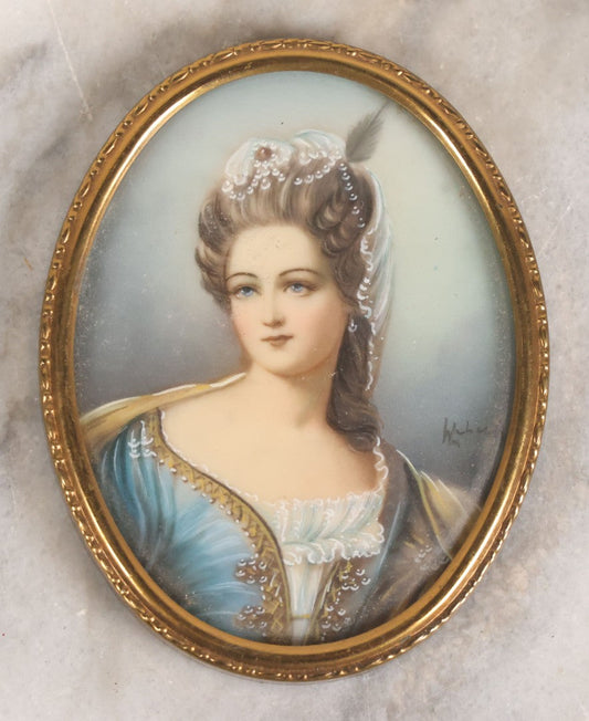 Lot 113 - Vintage Italian Celluloid Portrait Miniature Of Lady In Blue Gown With Feathered Headdress, Signed, 2-3/4" x 3-1/2"