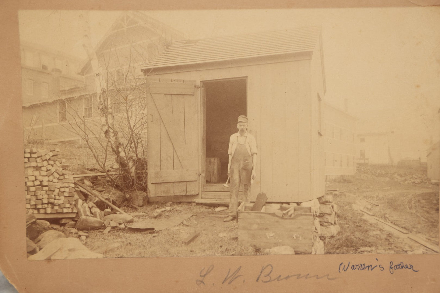 Lot 123 - Antique Boarded Occupational Photograph Of Bricklayer Beside Shed, Photographed By F.J. Taylor & Co., Cambridgeport, Mass