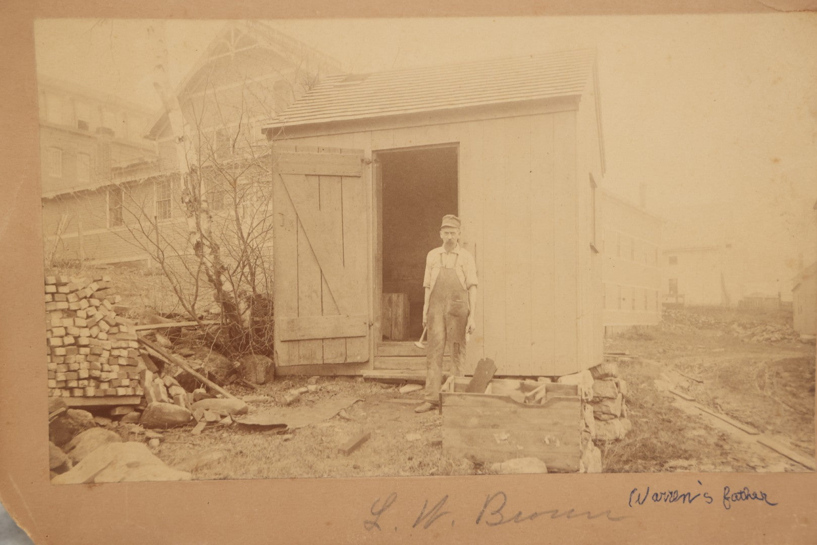Lot 123 - Antique Boarded Occupational Photograph Of Bricklayer Beside Shed, Photographed By F.J. Taylor & Co., Cambridgeport, Mass