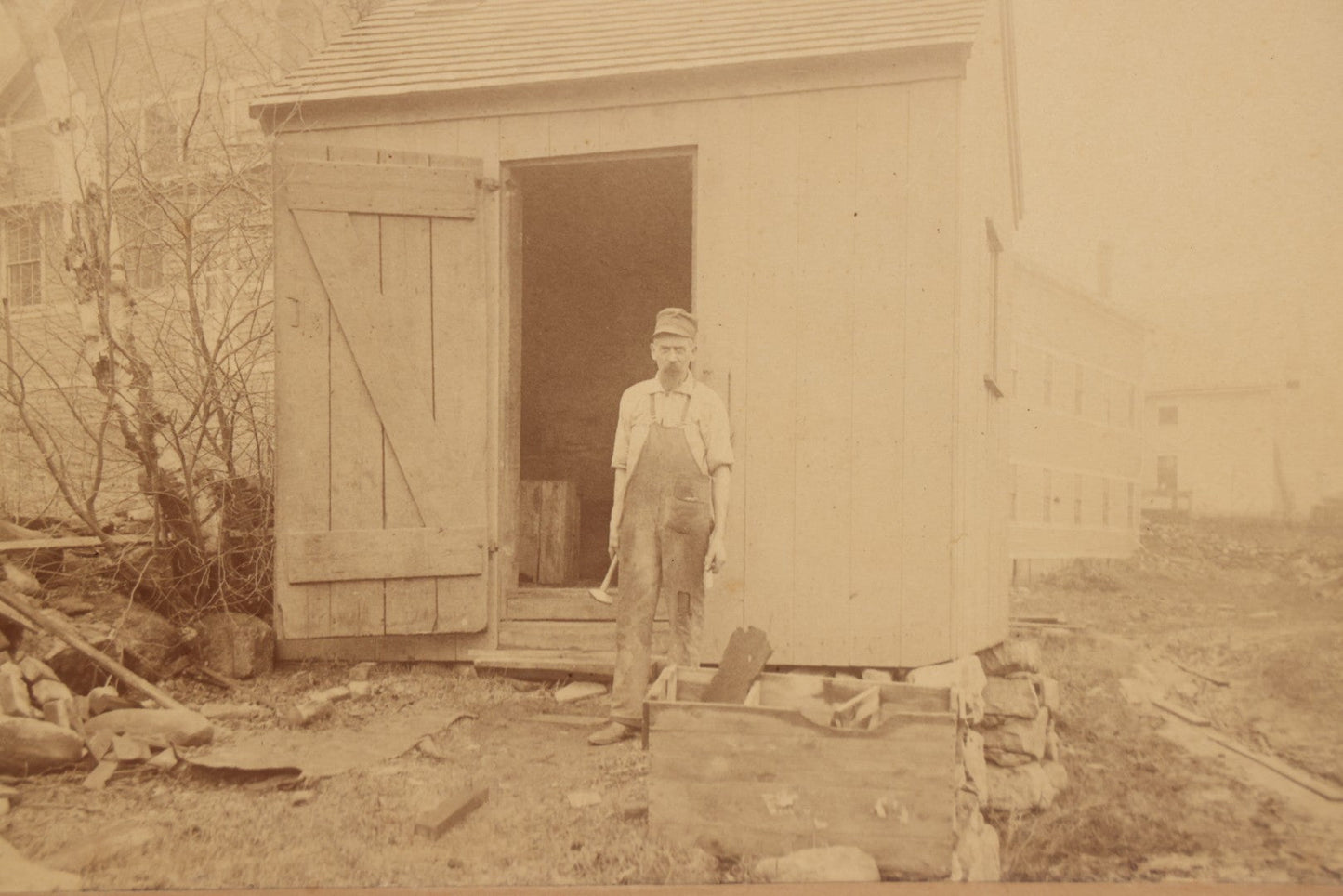 Lot 123 - Antique Boarded Occupational Photograph Of Bricklayer Beside Shed, Photographed By F.J. Taylor & Co., Cambridgeport, Mass