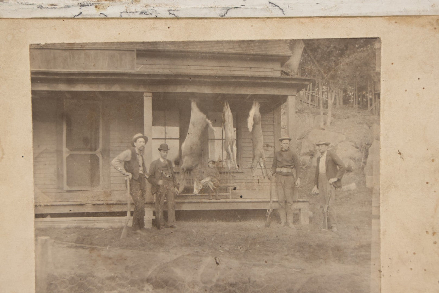 Lot 124 - Antique Boarded Hunting Photograph Of Hunters With Deer, Black Brook Camps, Dead River, Maine, 1901, J.G. Harlow, Proprietor, With Partial Identification On Verso