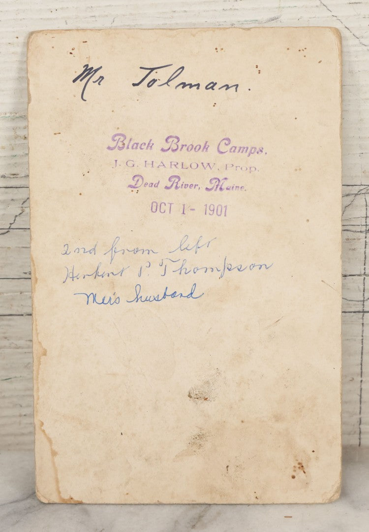 Lot 124 - Antique Boarded Hunting Photograph Of Hunters With Deer, Black Brook Camps, Dead River, Maine, 1901, J.G. Harlow, Proprietor, With Partial Identification On Verso