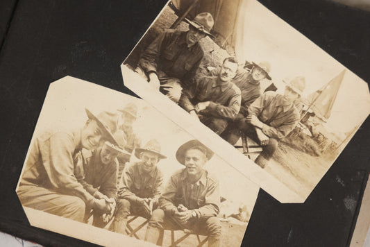 Lot 128 - Antique Snapshot Photo Album With 125+ Photographs, World War One Era, Featuring Soldiers At Camp Gardiner, Framingham, Massachusetts, 1917–1919, With Boy Scout Parade And Indian Motorcycle Sweater