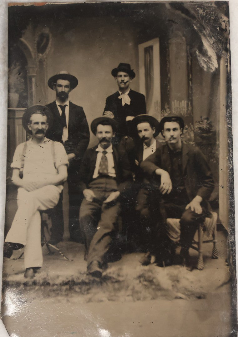 Lot 130 - Antique Tintype Photograph Of Six Men In Hats, Seated And Standing, Two Smoking Cigars In Studio Setting