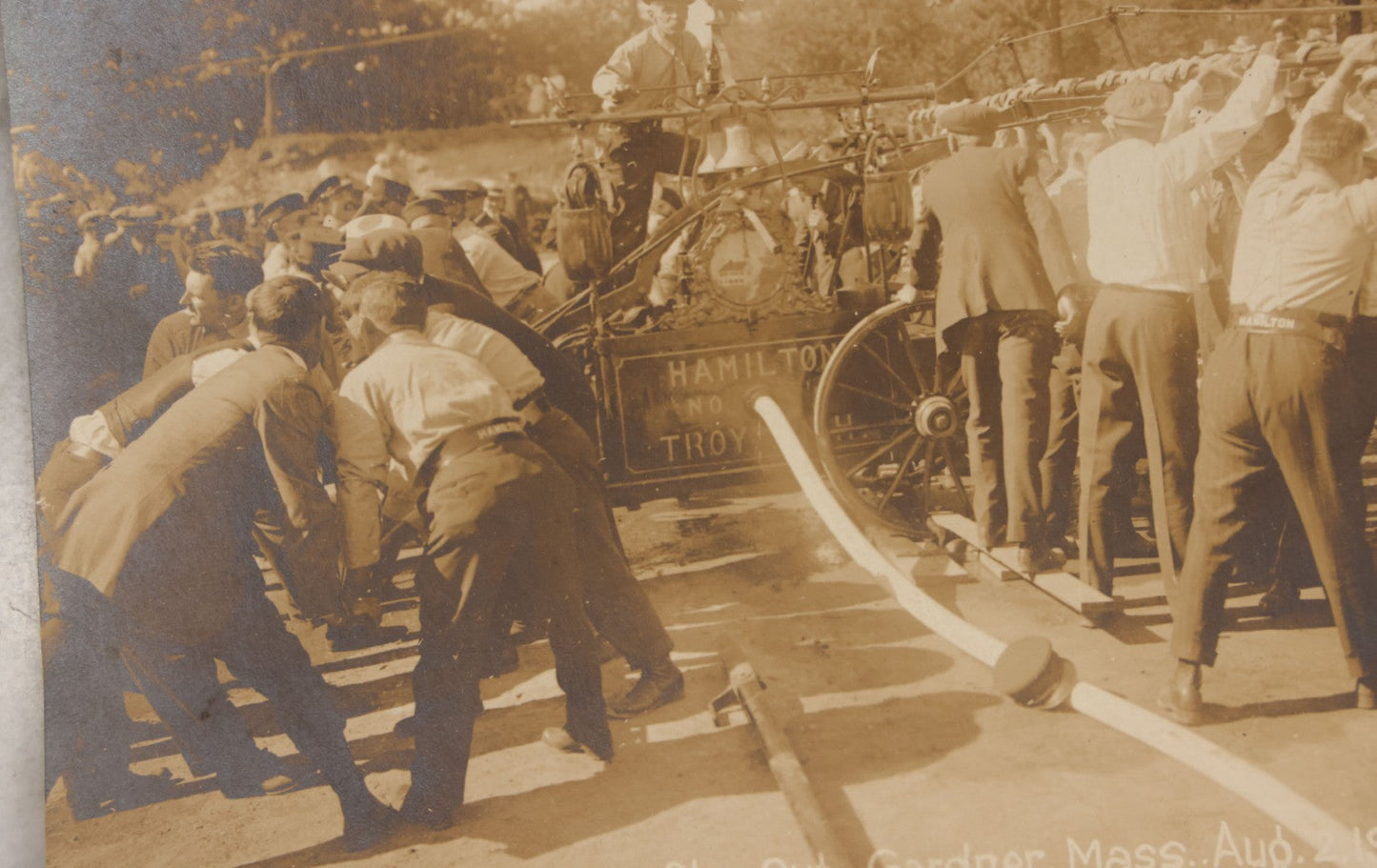 Lot 135 - Antique Photograph Of Hamilton Fire Company, Troy, New Hampshire, At “Play-Out” Event, Gardner, Massachusetts, August 2, 1919