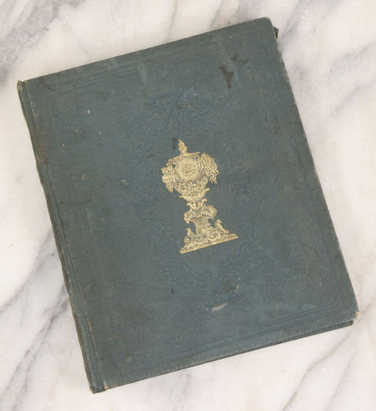 Lot 140 - Antique Handwritten Record Book For School District No. 13, Richmond, New Hampshire, 1854–1879, Blue / Green Cloth Cover With Gilded Urn Design