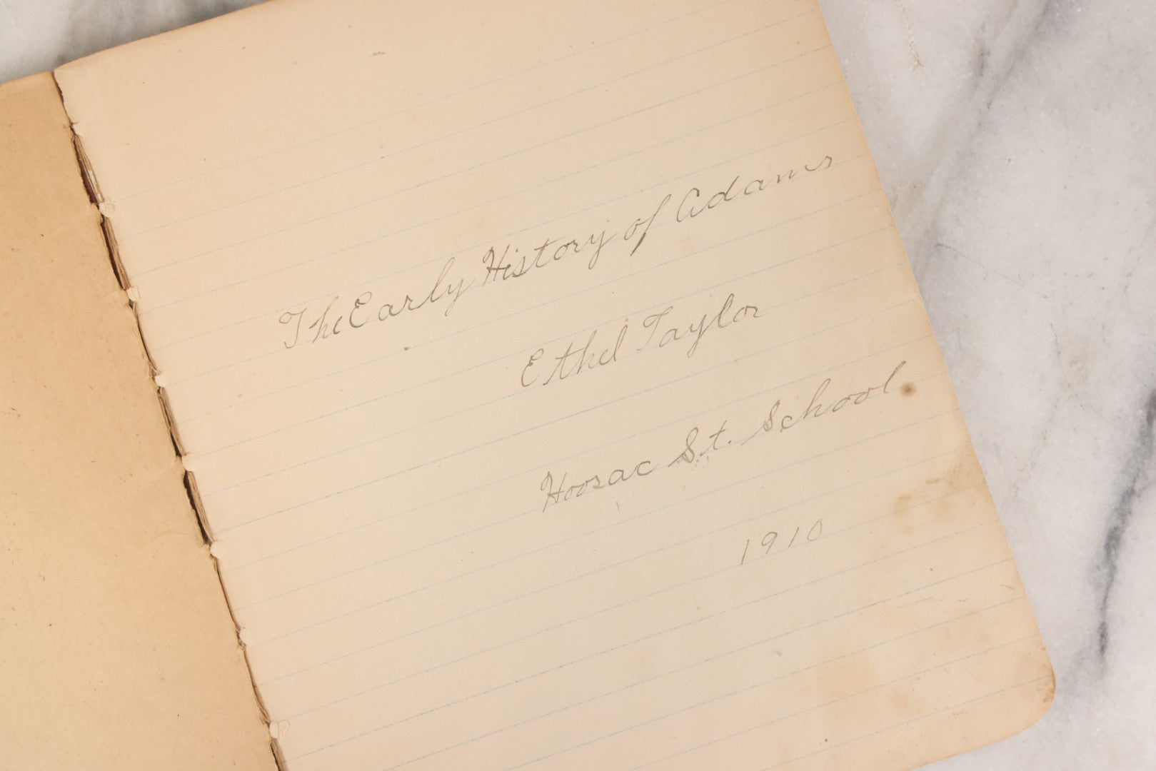 Lot 166 - "Old Glory" Antique Composition Notebook With American Flag Cover, Handwritten Notes On History Of North Adams, Massachusetts By Ethel Taylor, Hoosac Street School, 1910