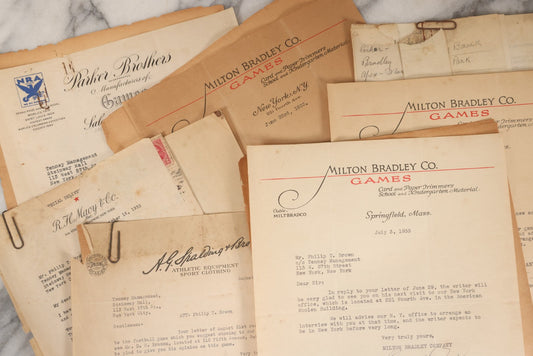 Lot 168 - Grouping Of Vintage Correspondence On Indoor Football Game By Philip T. Brown, Tenney Management, Including Patent Information And Letters With Milton Bradley Co., Parker Brothers, R.H. Macy & Co., And A.G. Spalding & Bros., 1933